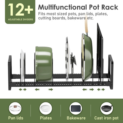 MUDEELA Pots and Pans Organizer Rack for under Cabinet, Expandable 11.81''-22.85'' Pot Lid Kitchen Cabinet Organizer Holder with 10 Adjustable Compartment Cutting Board Organizer for Pan Lid, Bakeware