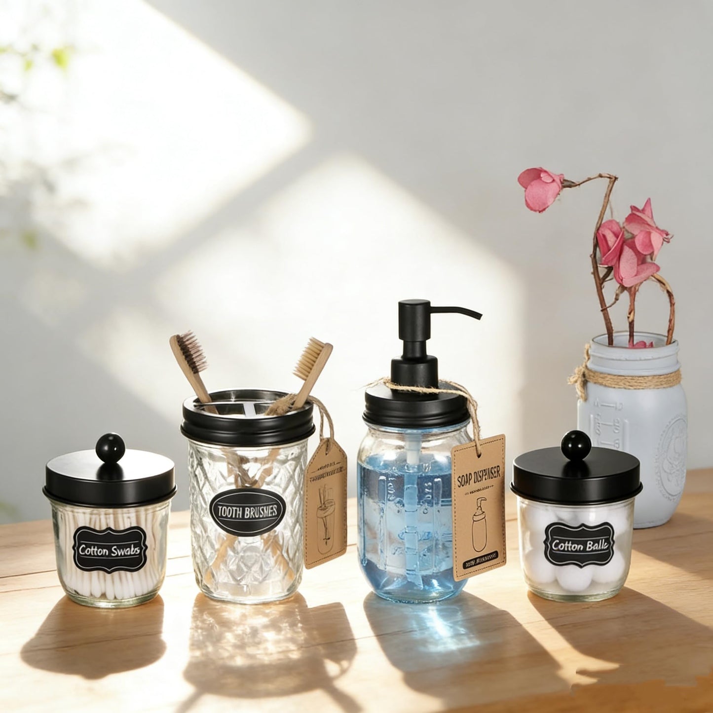 Amolliar Mason Jar Liquid Soap Dispenser, 16OZ Refillable Glass Soap Dispenser for Bathroom, Hand Soap, Dish Soap, Lotion Dispenser for Kitchen, Farmhouse Decor, Soap Pump Bottle, Black 2 Pack