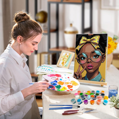 HeeBenor 4 Pack Black Women Paint by Numbers Kit for Adults Framed Canvas, Black Women Paint by Number with Easel, DIY Adult Paint by Number Kits Framed Canvas for Home Decor 8x12 Inch