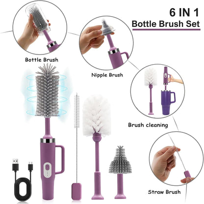 5 in 1 Electric Bottle Brush Cleaner Compatible Stanley Bottle Brush Straw Cleaner Multifunction Rechargeable IPX6 Waterproof Extra Long Design for Stanley Cup, Sports Bottle and More (Purple-1)