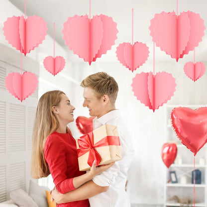 Valentines Day Decorations - 8 Pcs Pink 3D Valentines Hanging Hearts Ornaments Paper Valentines Tree Decorations for Valentines, Wedding, Engagement, Anniversary, Galentines Party Décor