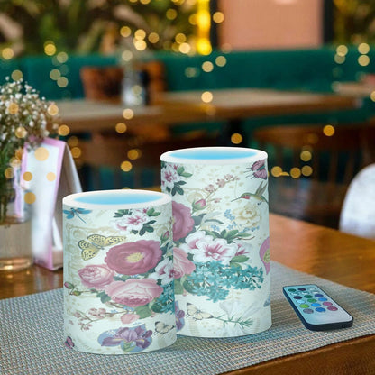 Beautiful Spring Flowers Butterflies Hummingbirds Flickering Flameless Candles Battery Operated with Remote Timer,Tea Light Candles LED Pillar Votive Candles set of 2 for Outdoor Indoor Decorations