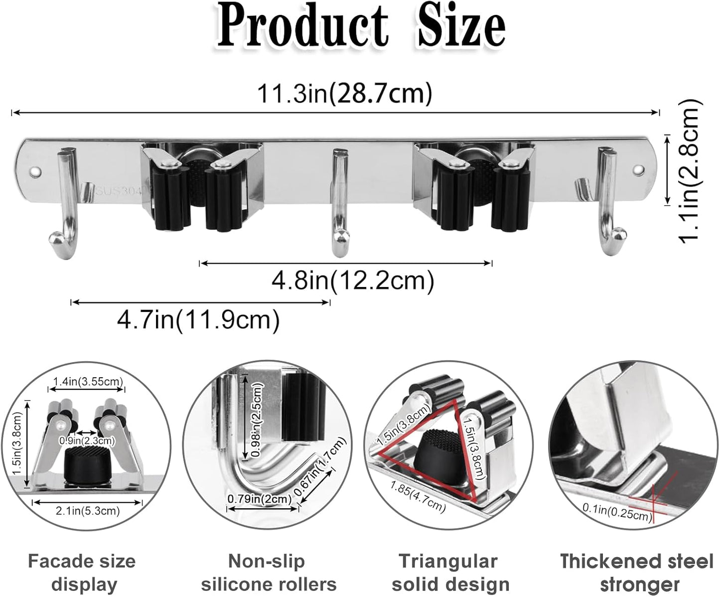 Skiennix Wall-Mounted Broom and Mop Holder | Heavy-Duty Stainless Steel Organizer with 2 Racks & 3 Hooks