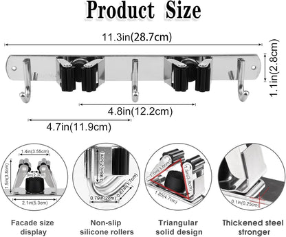 Skiennix Wall-Mounted Broom and Mop Holder | Heavy-Duty Stainless Steel Organizer with 2 Racks & 3 Hooks