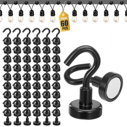 Limbeuuu 60 PCS Outdoor Hooks for Hanging String Lights, Balck Magnetic Hooks Strong 30lbs+ Hanging Party Light Wall Cable for Outside Cruise Cabin Refrigerator Fridge Grills Must Have