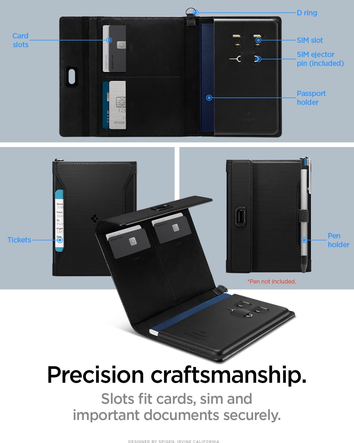 Spigen Life Passport Card Cover Holder Wallet Travel Documents Organizer Protector Accessories with RFID Blocking Technology SIM Card Pin Included - Black