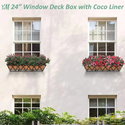Y&M 4pcs 24 Inch Planter, Metal Window Boxes with Coco Liner, Indoor Outdoor Hanging Flower Planter for Garden, Lawn, Balcony, Porch, Fence, Patio Rail