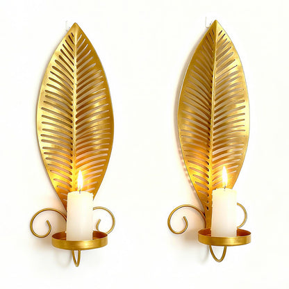Farmhouse Wall Candle Sconces Vintage Metal Leaf Candle Holder, Set of 2 Wall Candlestick Mounted for Hallway Fireplace Bedroom Living Room (Gold)