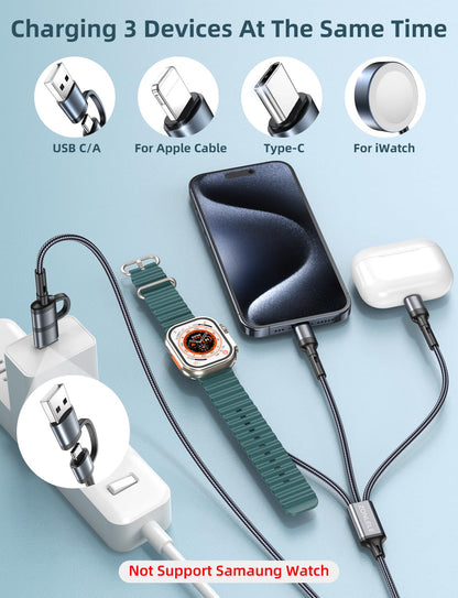 Upgraded Travel Essentials for Apple Watch Charger 3 in 2 Multi Charging Cable for iPhone 17 iWatch Charger USB C Cord, Car RV Camping Essentials Compatible with iWatch Ultra/SE/11 & iPhone 16/15-12