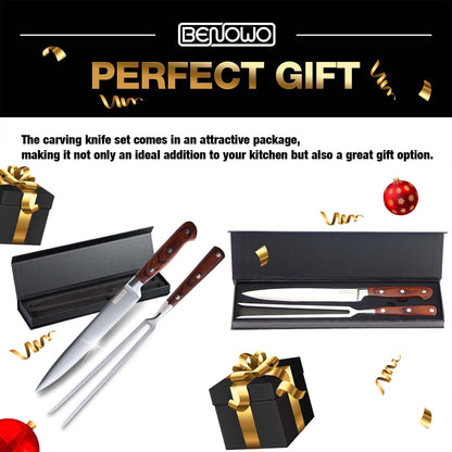 Benowo Carving Knife Set 2-Piece, 8-inch Turkey Carving Knife and Fork Set Stainless Steel Kitchen Knife for Steak, Hibachi Knife and Fork, BBQ Carving Fork with Gift Box – Designed in USA