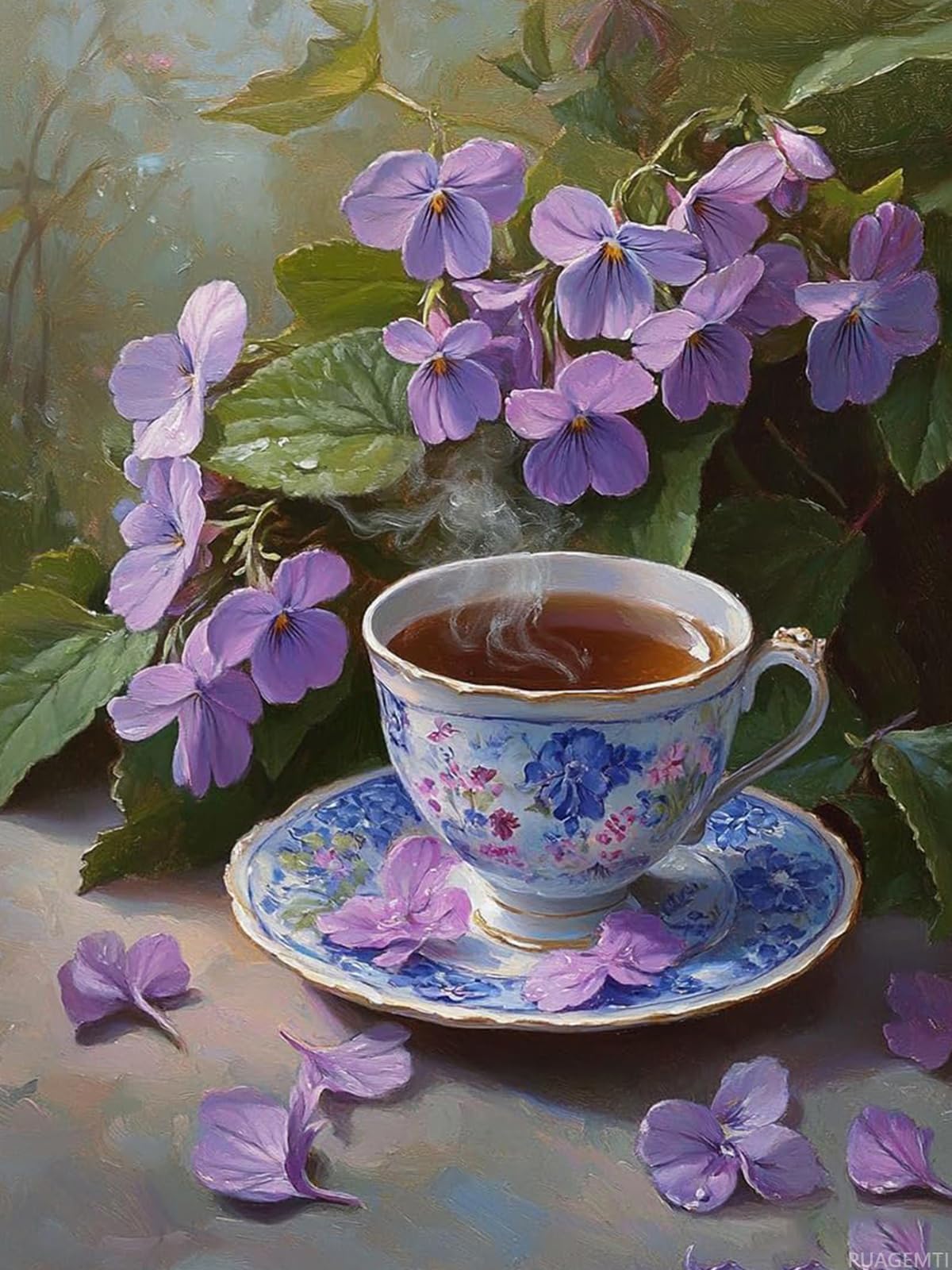 5D DIY Purple Violets Diamond Painting Kit, Tea Cup Flower Dot Painting Kits for Adults Office Home Decoration Living Room Bedroom Home Wall Decor Gift 12x16 INCH