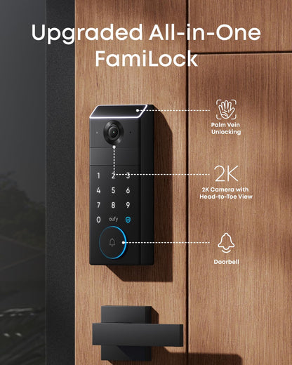 eufy FamiLock E34 Smart Lock with Palm Vein Recognition - Keyless Entry Door Lock for Front Door, Wi-Fi Keypad Deadbolt, ANSI/BHMA Grade 1, Auto Lock, Voice Control, IP65 Waterproof, No Monthly Fee
