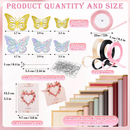 Thrilez 187PCS Flower Bouquet Wrapping Paper Kit Includes 40 Floral Paper, 24 Butterflies, 100 Bouquet Pins, 3 Ribbons and 20 Greeting Cards for Mother's Day Wedding Baby Shower Graduation
