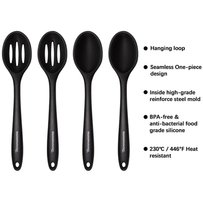 Silicone Cooking Spoon, Nonstick Kitchen Spoons for Cooking, Slotted and Solid Serving Spoon Heat Resistant, Silicone Mixing Spoons Basting for Nonstick Cookware 4 Pack
