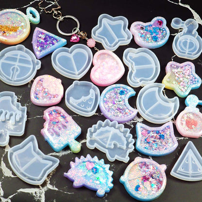 FineInno 9Pcs Resin Shaker Molds,Kawaii Quicksand Epoxy Casting Mold,Cat Animal Silicone Mold with 3 Sheets Film DIY Pendant Jewelry Decoration Craft