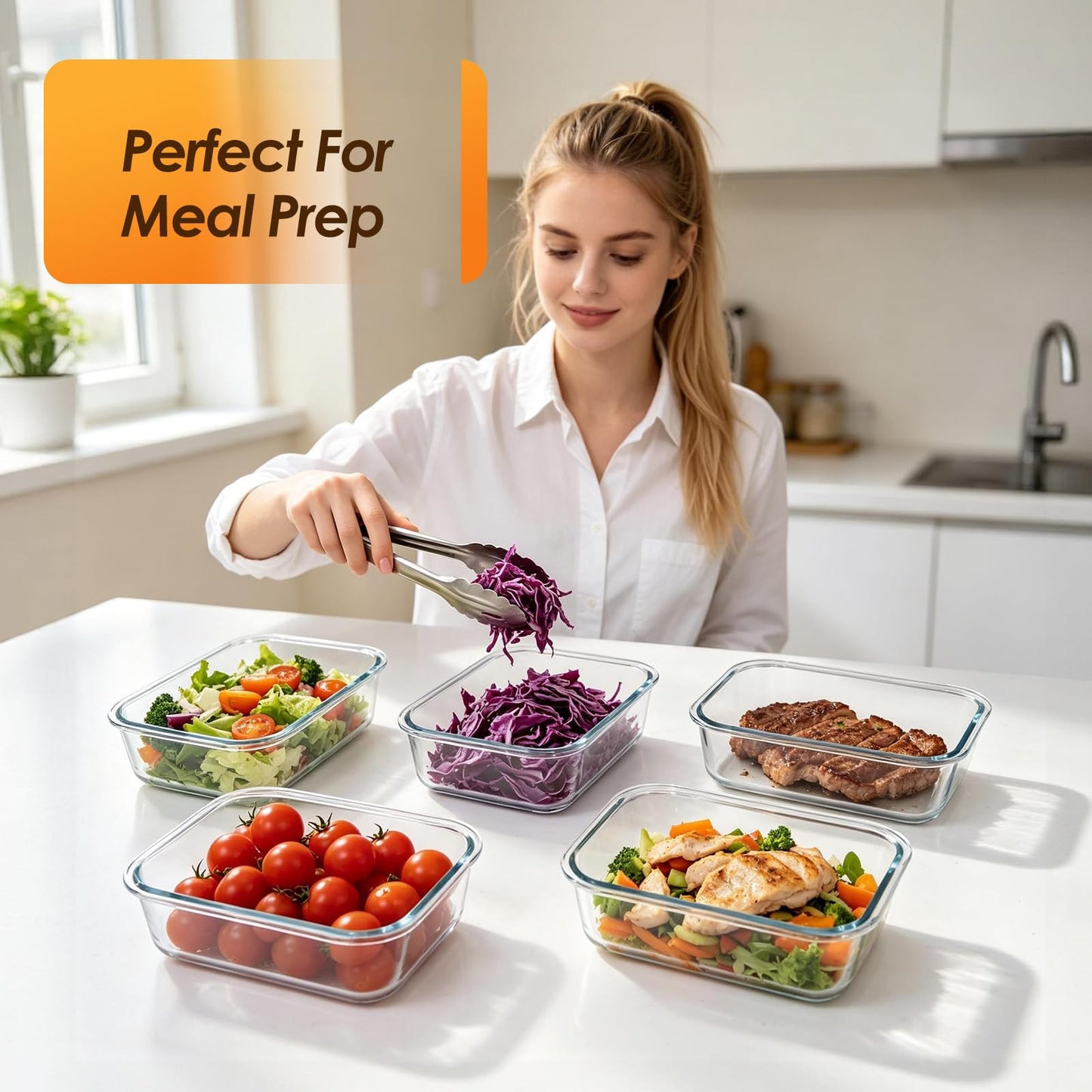KEKEGO 5 Pack 36oz Glass Storage Containers with Lids, Glass Meal Prep Food Container Sets with Snap Airtight Lid for Microwave, Oven, Freezer and Dishwasher, Grey
