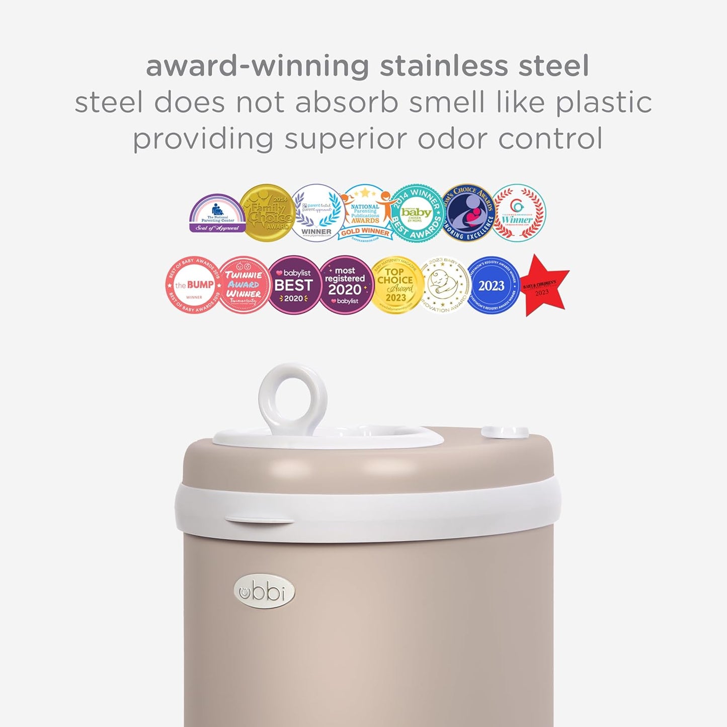 Ubbi Stainless Steel Diaper Pail - Odor Locking Design | No Special Bag Required, Taupe Finish