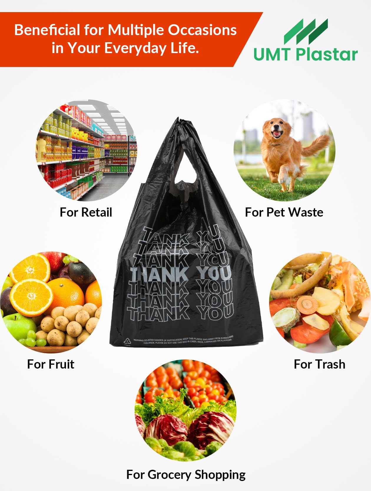 UMT Plastar 300 Count Thank You Bags, 12 x 6 x 22 in, 15 Mic Black Grocery Bags