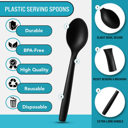 10" Black Plastic Serving Spoons for Buffet, Bulk 36 Count, Heavy Duty Disposable Spoon, Large Plastic Serving Utensils for Catering Supplies, Events, Party, Weddings & More - C&S Event Supply Co.