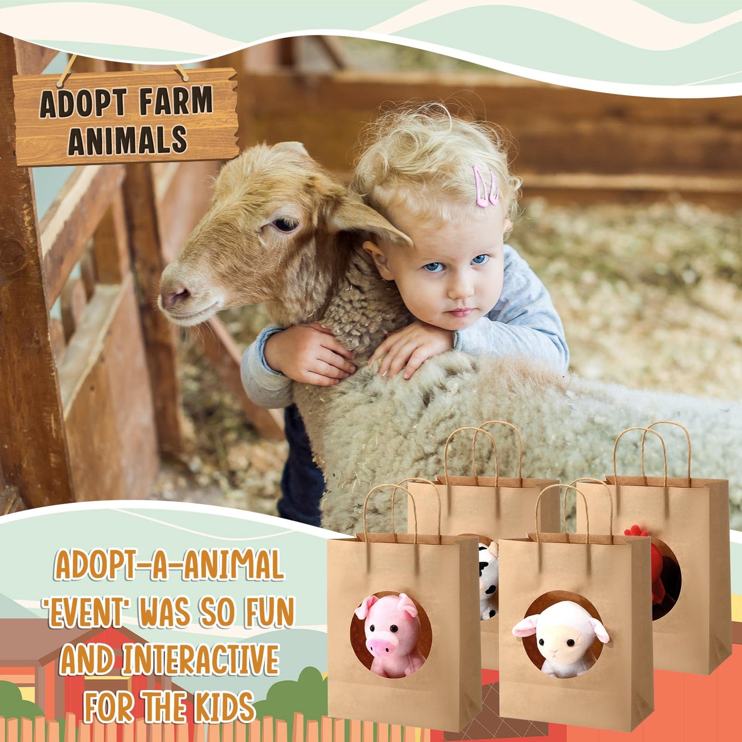 Blueweenly 48 Pcs Adopt a Farm Animal Party Favor Kit for Kids, 12 Plush Farm Animal with Adoption Certificates, Gift Bags & Pens, Birthday Party Favor, Classroom Reward, Church VBS Sunday School