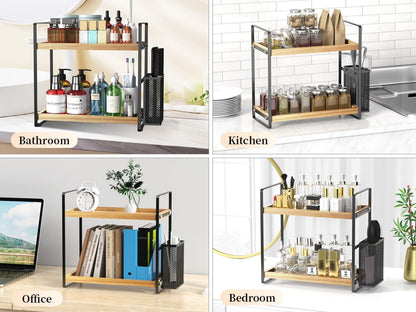 LEMIKKLE 2-Tier Wood Bathroom Counter Organizer with Basket,Waterproof Vanity Perfume Skincare Storage for Bathroom, Kitchen, Dresser