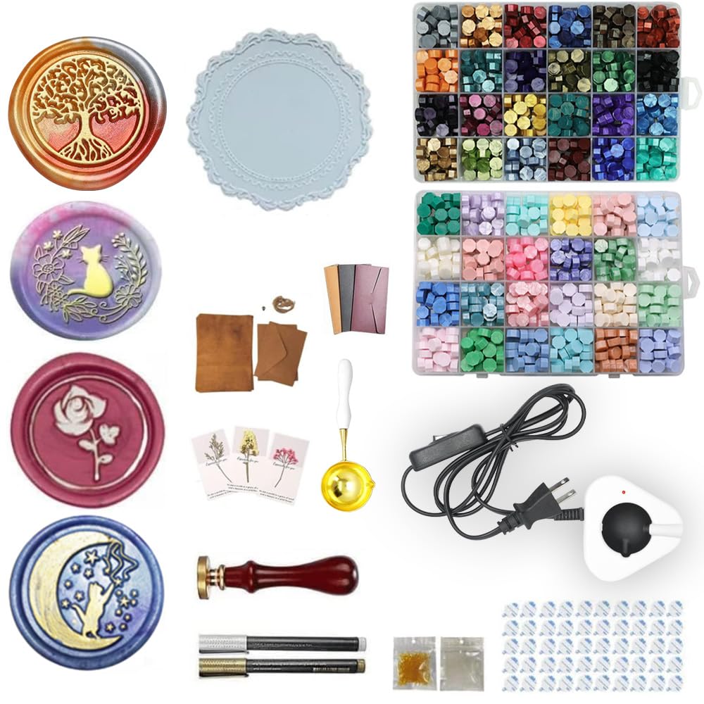 Wax Seal Kit, Electric Wax Seal Warmer, 1300 Pcs Wax Seal Beads with 4 Pcs Wax Seal Stamps, 48 Color, 50 Pcs Wax Seal Stickers, Envelope, Wax Seal Metallic Pen