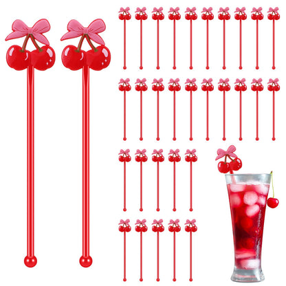 Reallnaive 30 Pcs Cherry Bow Drink Stirrers 6 Inch Pink Red Coquette Bow Swizzle Sticks Plastic Preppy Coffee Cocktail Stir Sticks for Bachelorette Galentines Day Valentines Wedding Party Favors