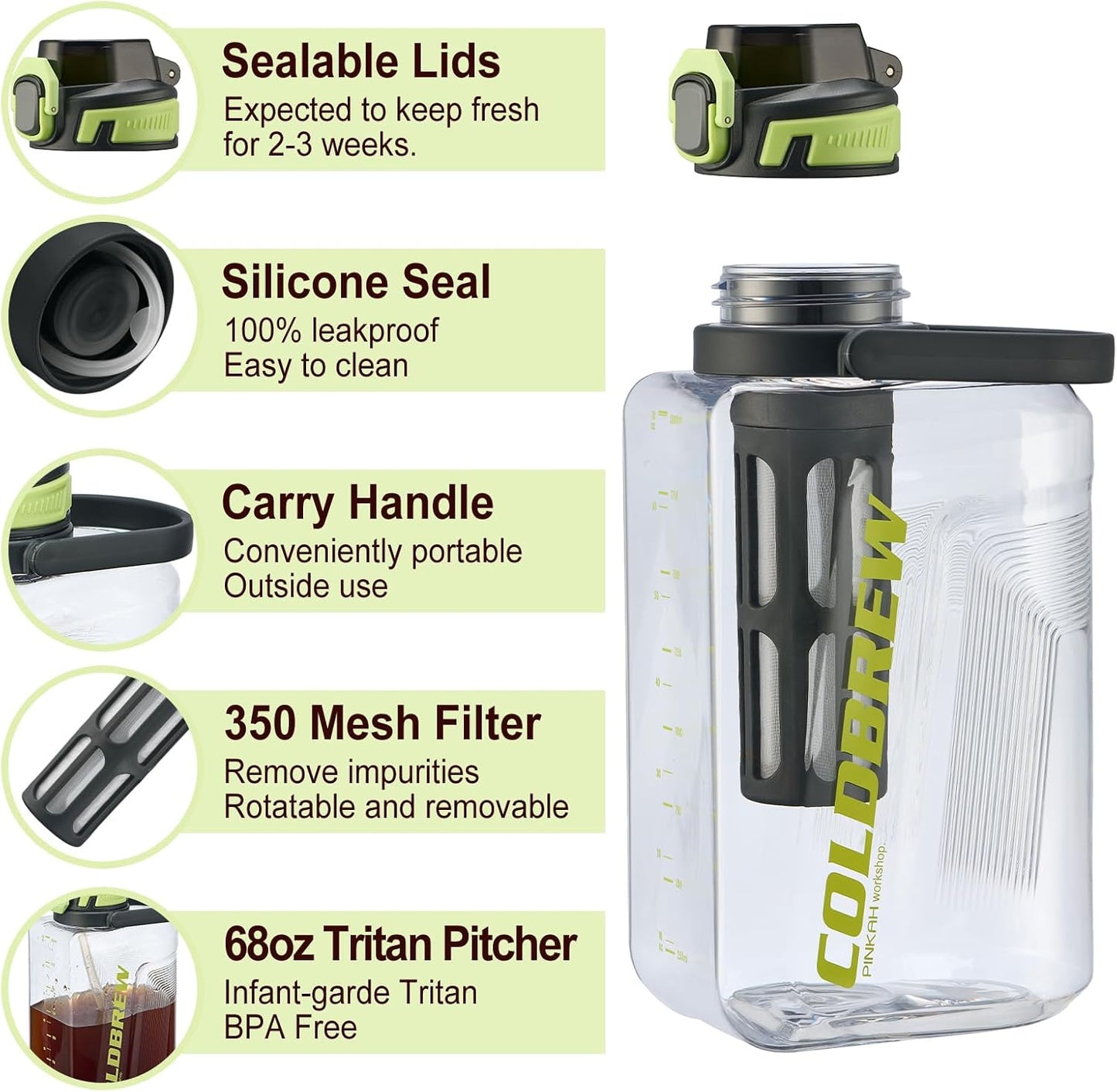 Cold Brew Coffee Maker, 68oz Iced Coffee Pitcher with Filter, Airtight & Leak-Proof Coffee Barrel in Black