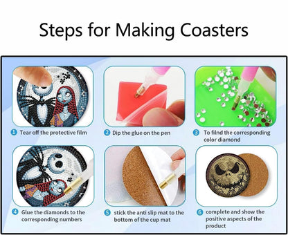 8 Pcs Halloween Diamond Painting Coasters Kits for Adults Beginners, DIY Horror Skull Diamond Art Coasters with Holder, Full Drill Rhinestone Painting Coaster Kits for Supplies Gifts 4X4 Inch.