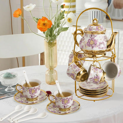 20 Set Sets Set Set Pcs Porcelain Tea with Metal Holder European Flower Tea for Adults, Ceramic Tea Party European