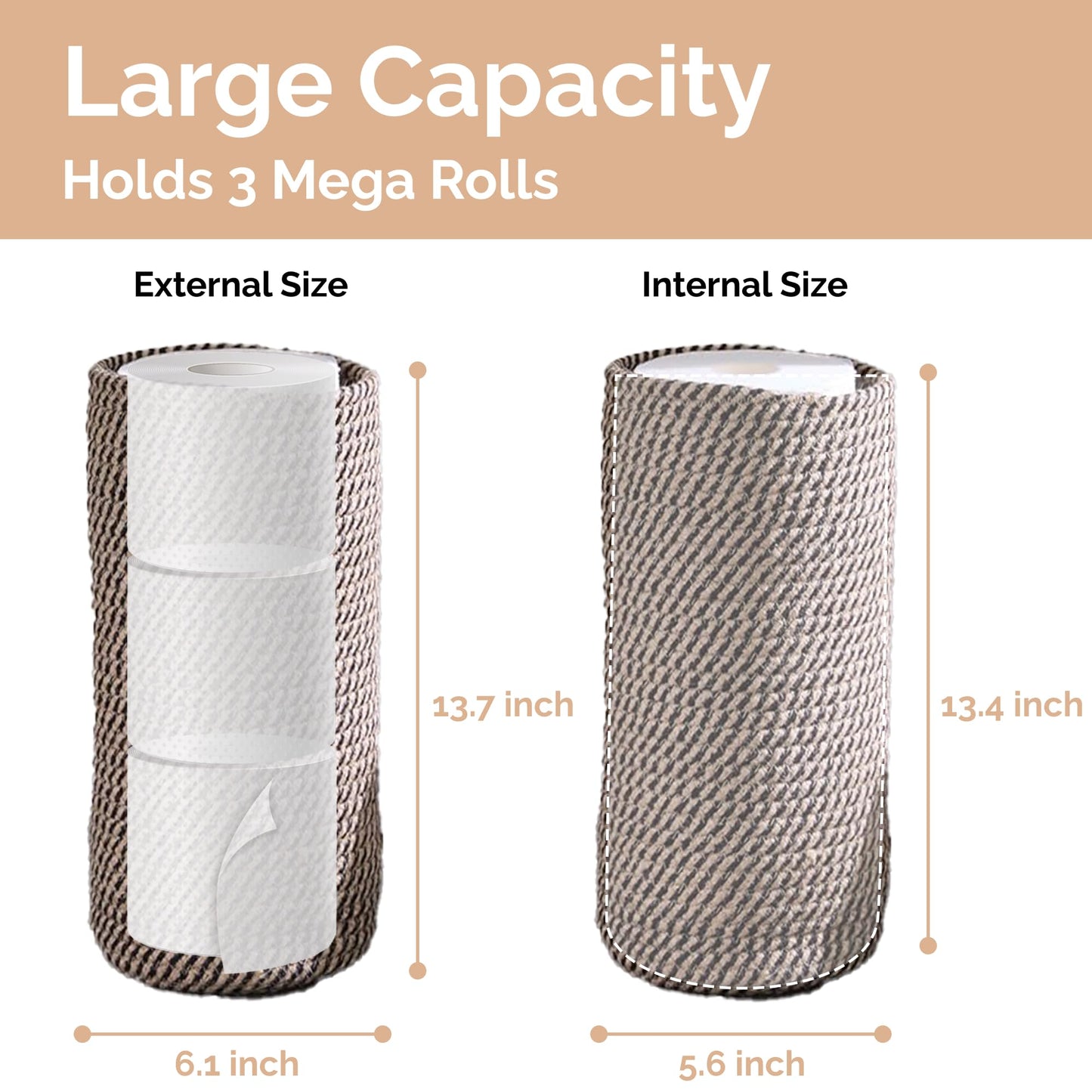 Toilet Paper Holder, Boho Decor Toilet Paper Storage Stand for Bathroom,Cotton Handmade Woven Paper Basket for Mega Roll,3 Rolls of Toilet Tissue Storage (Black)