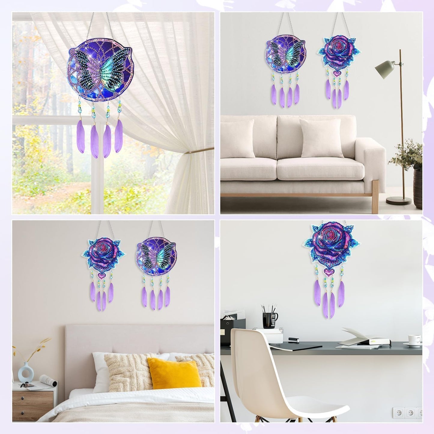 EEEKit 2PCS Diamond Painting Suncatcher Kit, Hanging Diamond Art Painting Suncatcher, DIY Crystal Art Wind Chime for Home Wall Window Decor