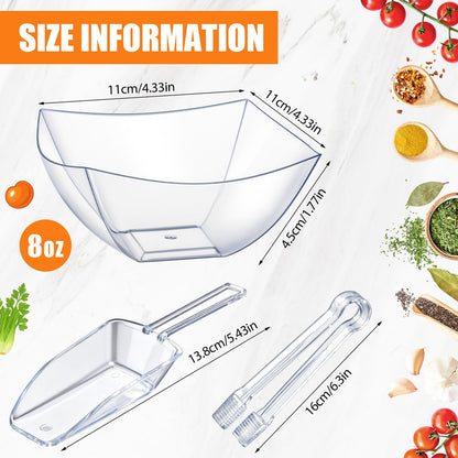 Vesici 48 Pcs 8 oz Clear Plastic Candy Bowls 24 Pcs with 12 Scoops and 12 Tongs Square Dessert Candy Bowl Buffet Containers Disposable Party Ice Cream Salad Dish for Serving Food Appetizers Supplies