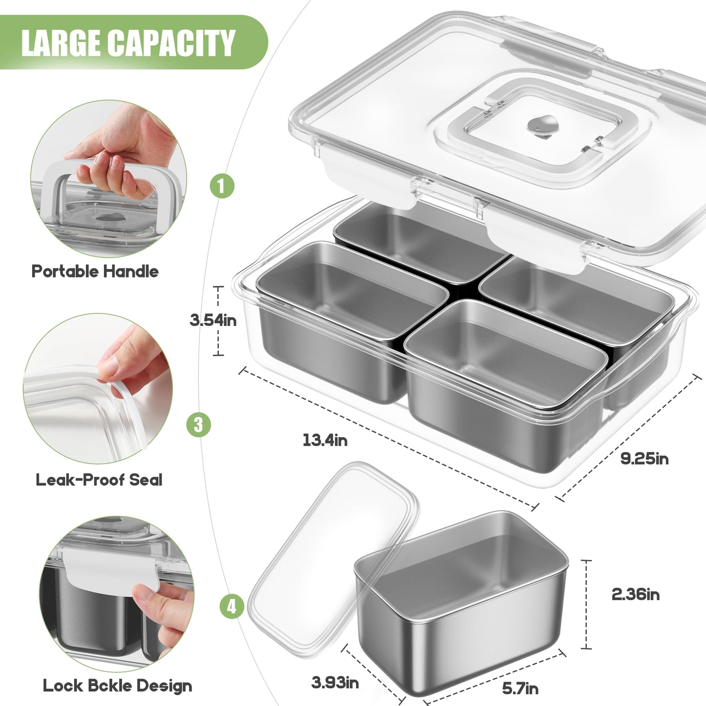 Snackle Box Container, 304 Stainless Steel Divided Serving Tray with Lid and Handle, Portable 4 Compartments Veggie Tray for Fruits,Veggies,Nuts &Candy, Dishwasher Safe for Travel,Picnic,Beach&Parties