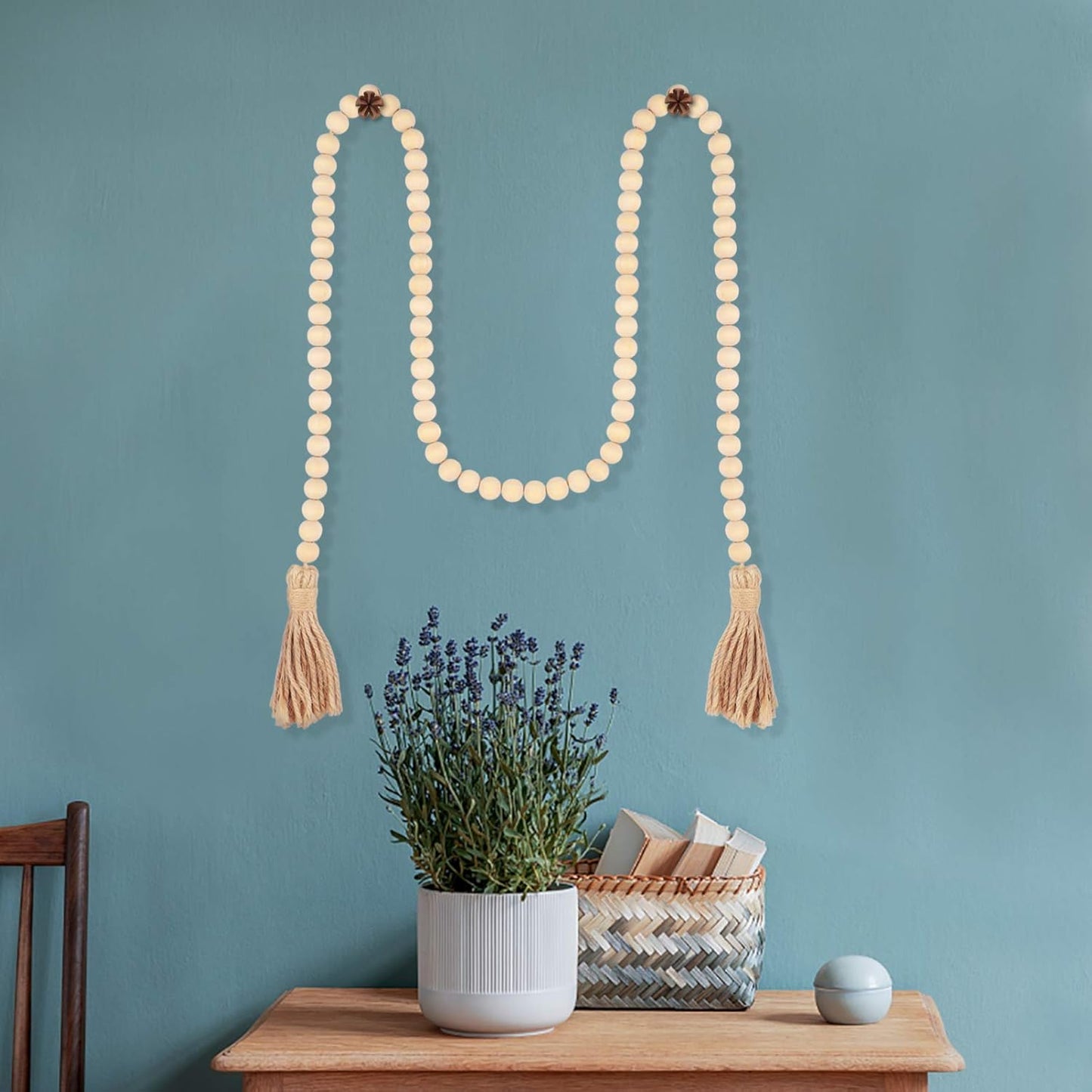 Garneck 63in Rustic Country Wood Bead Tassel, Farmhouse Wall Hanging Prayer Beads for Home Christmas Decoration