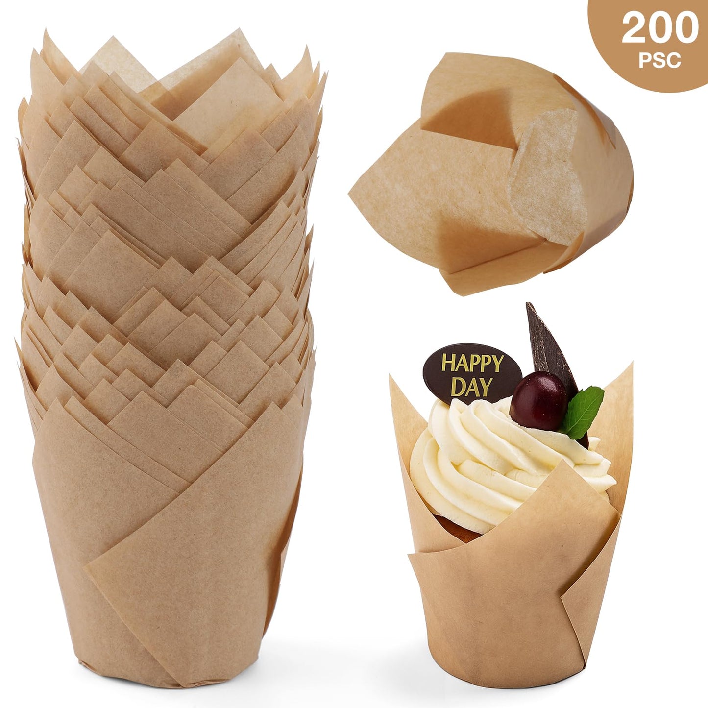 200pcs Tulip Cupcake Liners, Standard Greaseproof Paper Baking Cups Muffin Liners Holders Perfect for Bridal Showers, Baby Showers, Birthday Parties, Banquets, and Catering Events (Natural)