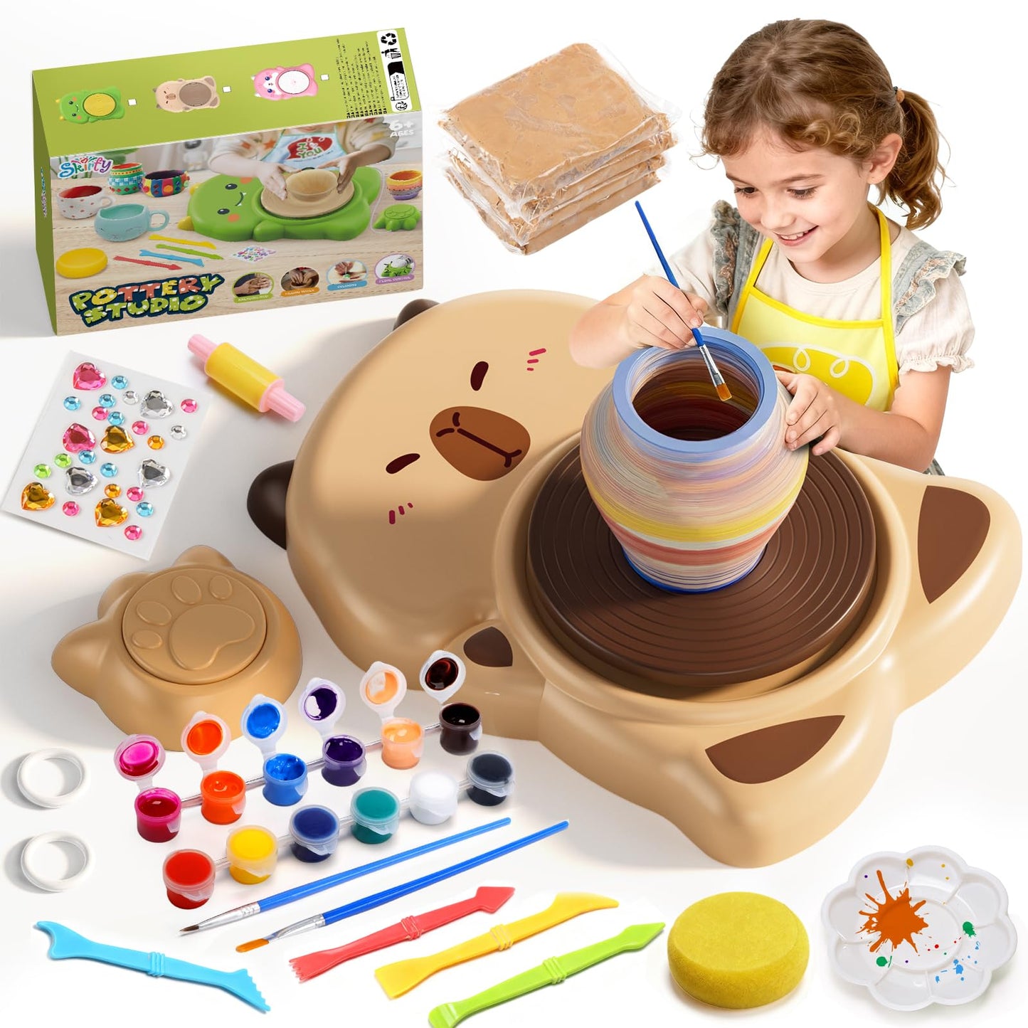 Skirfy Mini Pottery Wheel Machine Kit for Beginners Kids with Light,Electric Ceramic Wheel with Foot Pedal&Painting Kit, Adjustable Speed,Clay Spinner DIY Tools for Art Craft Birthday (Brown)