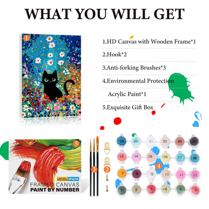 Fountor 12” W x 16”L Framed Paint by Numbers Kit for Adults Beginner, Black Cat Adult Paint by Number Kits on Canvas, Cat Flowers Oil Painting by Numbers for Home Decor Gift