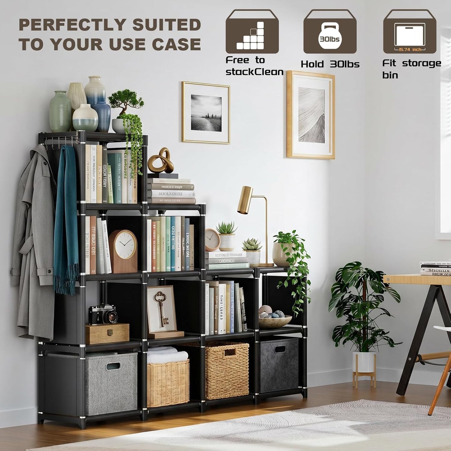 12 Room,Office,Closet, Mavivegue Book Shelf, Cube Storage Organizer, DIY Bookcase, Metal Bookshelf,Tall Book case