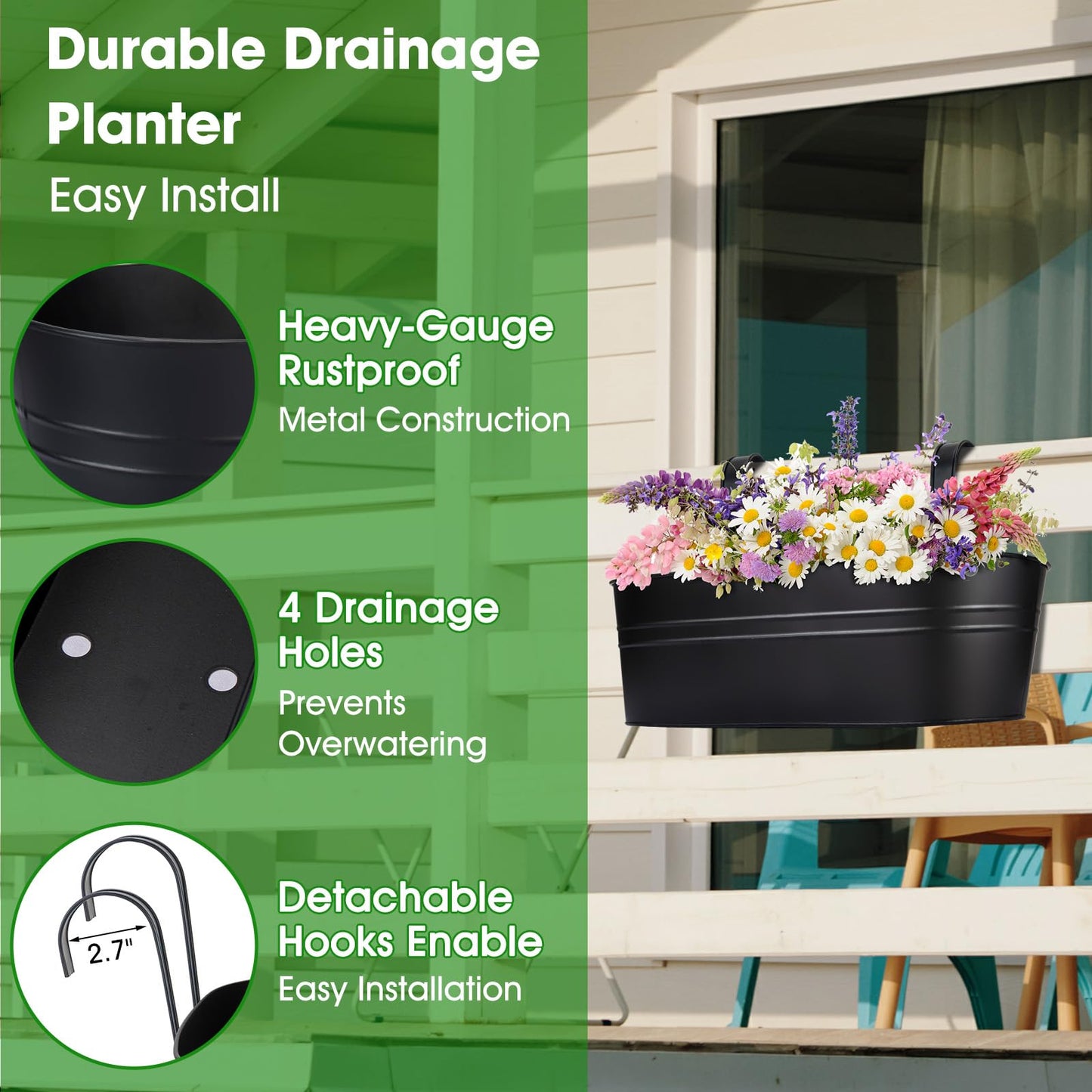 OGIMA Railing Planter Box, 3 Pack 16" Large Hanging Planters for Outdoor Plants with Adjustable Wide Hooks for 2.7'' Railings, Balcony Planters Railing Hanging for Deck, Fence & Patio Decor