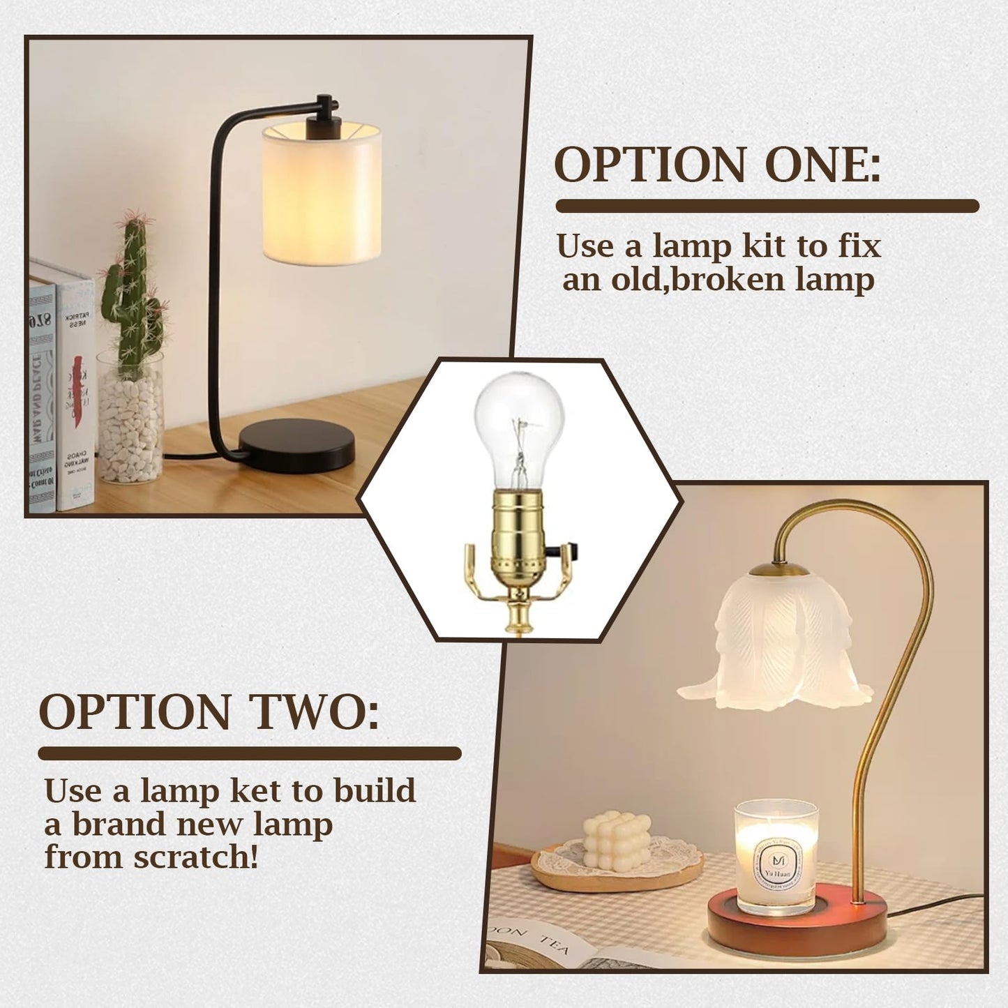 2 Sets Make-a-Lamp Kits - Table Repair or DIY Wiring Kits With 8'' Harp, 12'' Pipe, 3-Way Socket, 8 ft Cord, and All Hardware Parts for Creating DIY Antique Lamp Designs (Black)