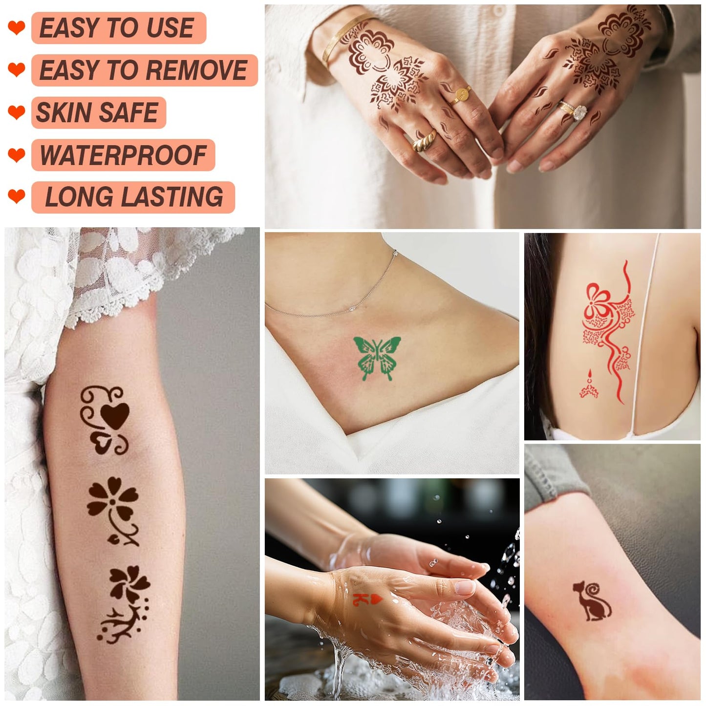 MuseLuxe Temporary Tattoos Stencils Kit,Temporary Tattoos Kit - 8 Pcs 4 Color(Brown,Black,Cherry red,Green), Ink with Gloves,DIY Body Art Painting for Women Men Adults Kids