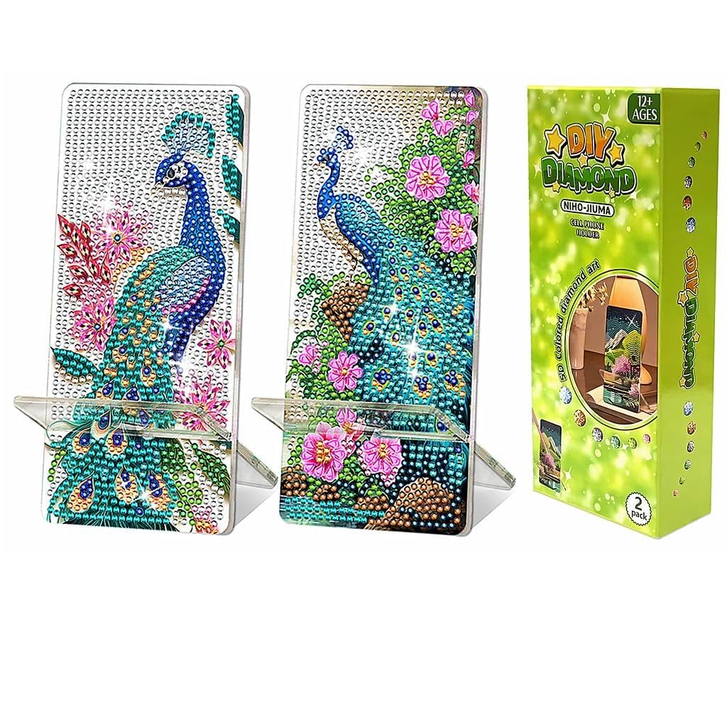 NIHO-JIUMA Diamond Art Phone Stand Kits Peacock, DIY Diamond Painting Acrylic Phone Holder & Mirror, Craft Gift for Adults/Teen