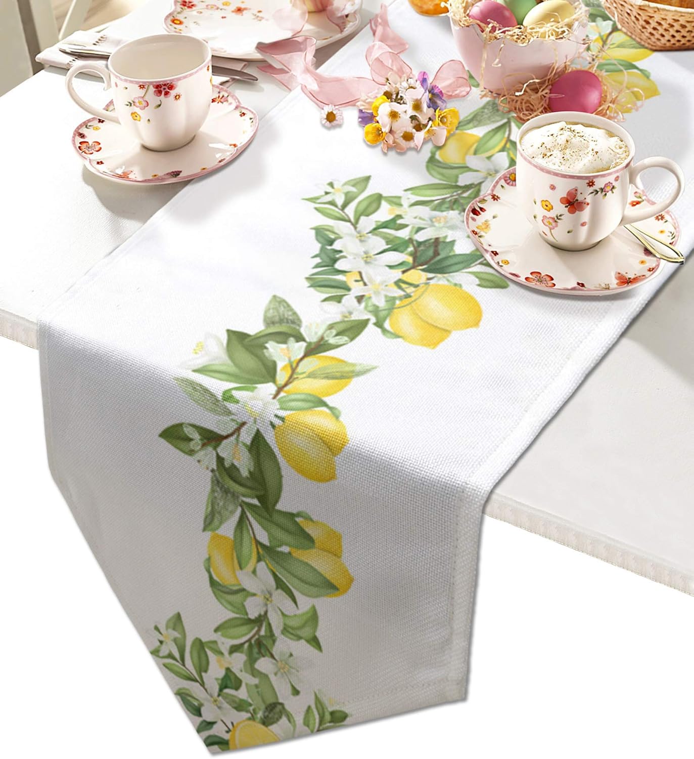 Cotton and Linen Triangle Table Runners, 72 Inches Long, Summer Lemons White Floral Swirls for Wedding Party Decoration