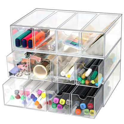ZEXALOR Clear Desk Organizer Storage with 12 Drawers, Desktop Organizers, Bathroom Office Supplies, Plastic Storage Drawer for Makeup, Jewelry, Pen, Stationary, Hair Accessories, Sunglass (12-Drawer)