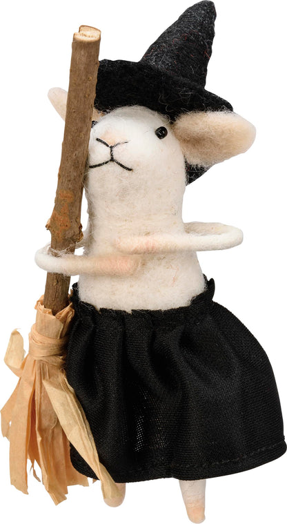 Primitives by Kathy Halloween Collectible Felt Critter, 5.5-inch Witch Mouse with Broomstick in a Witchy hat, Spooky Tiered Tray & Shelf Sitter Decor, Mix & Match with Our Other Collectible Figurines