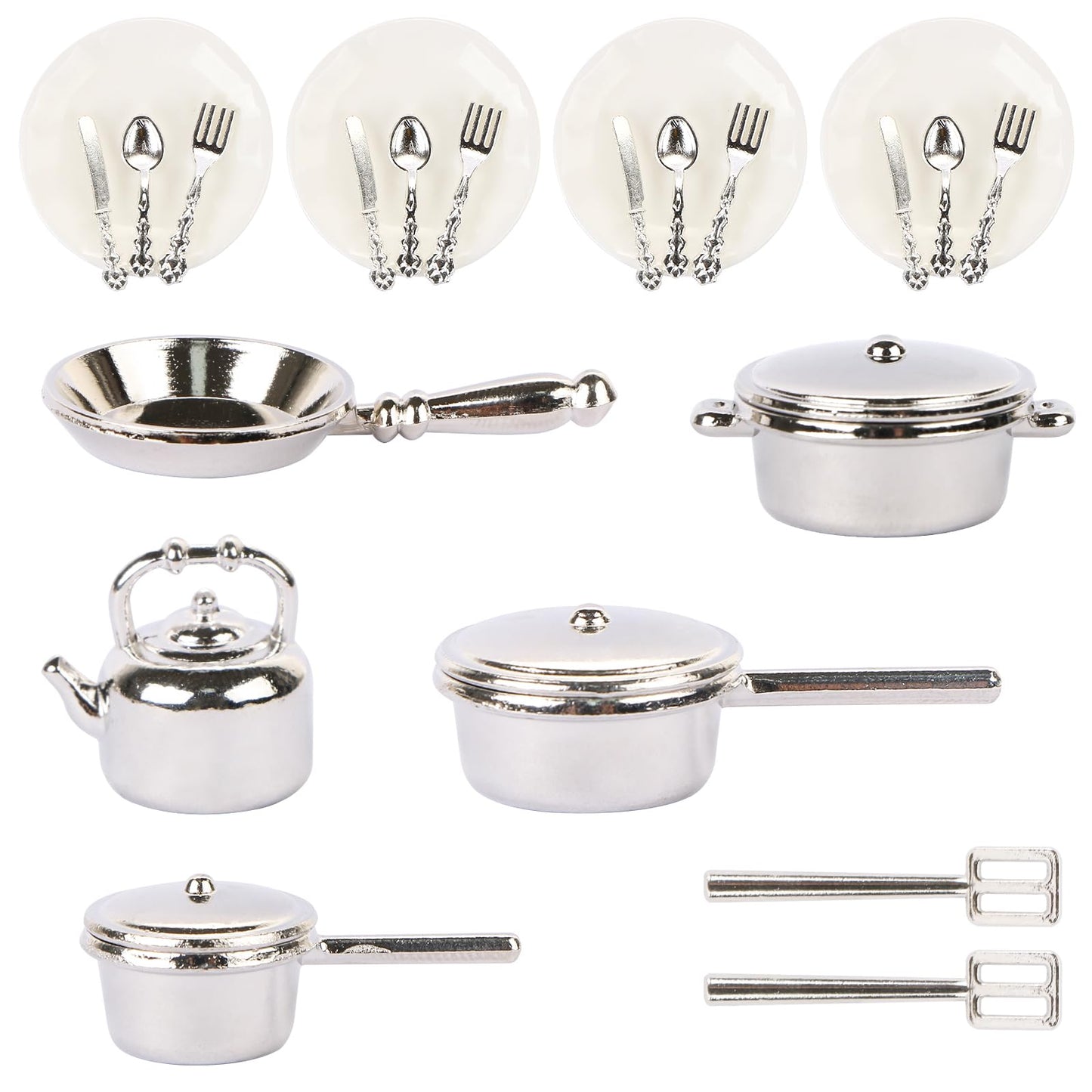 26 Pieces Dollhouse Miniatures Kitchen Set Metal Miniature Baking Set Include Mini Pots Mini Pans Plates Knife Fork Spoon for Dollhouse Party Decoration Supplies