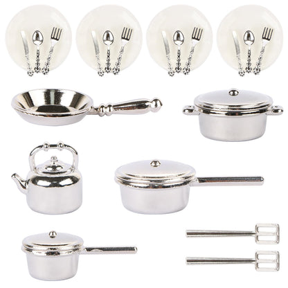 26 Pieces Dollhouse Miniatures Kitchen Set Metal Miniature Baking Set Include Mini Pots Mini Pans Plates Knife Fork Spoon for Dollhouse Party Decoration Supplies
