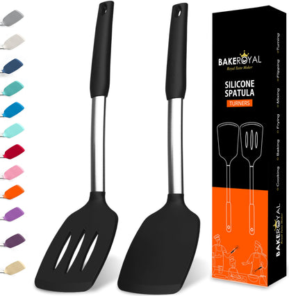 BakeRoyal Silicone Spatula Set - Turner Spatulas Silicone Heat Resistant 600°F - Slotted & Solid Spatula for Cooking Fish, Eggs, Pancakes Flipper – Spatulas for kitchen use – Black