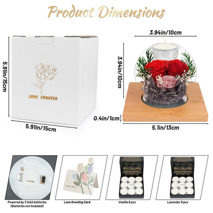 Preserved Pink Carnation Real Rose in Glass with Scented Candles–– Forever Flower Romantic Anniversary Christmas Birthday Valentines Mothers Day Gifts for Mom, Women, Wife, Girlfriend, Her, Grandma